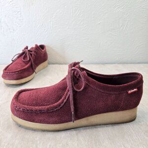 Clarks Comfort Shoes Suede Burgundy Red Casual Lace Up Moccasin Loafer Size 10